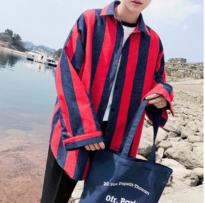 送料無料シャツ男性 2018 秋の新ファッションストライプコントラスト緩い快適ビジネスカジュアルトレンドストリート長袖 Overshirt