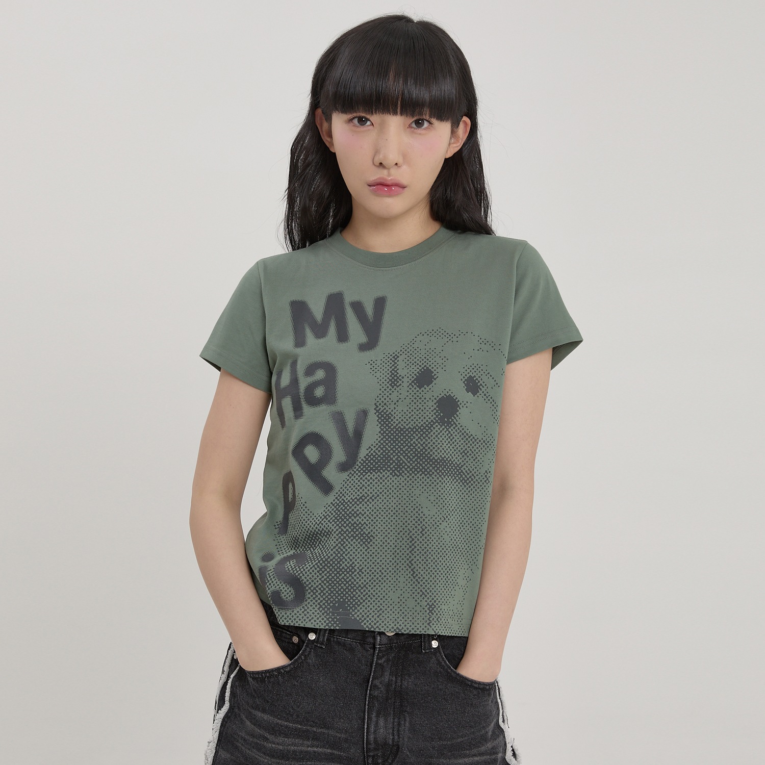 MY HAPPY IS Stamp Half Sleeve T-shirt KHAKI