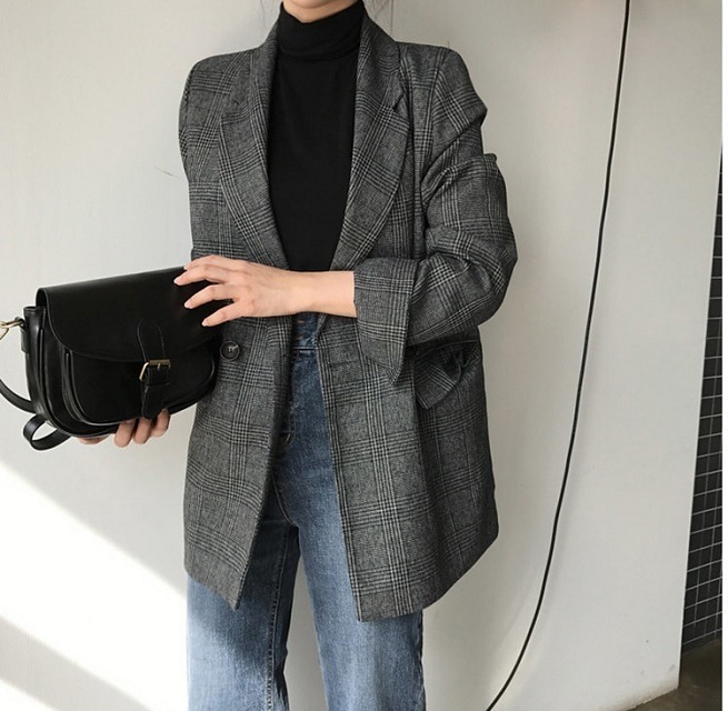 チェック柄 ロング レディース ジャケット グレー トラッド 着回し ダブルボタン 女っぽい マニッシュ デート 通勤 スタイリッシュ クール 春秋冬