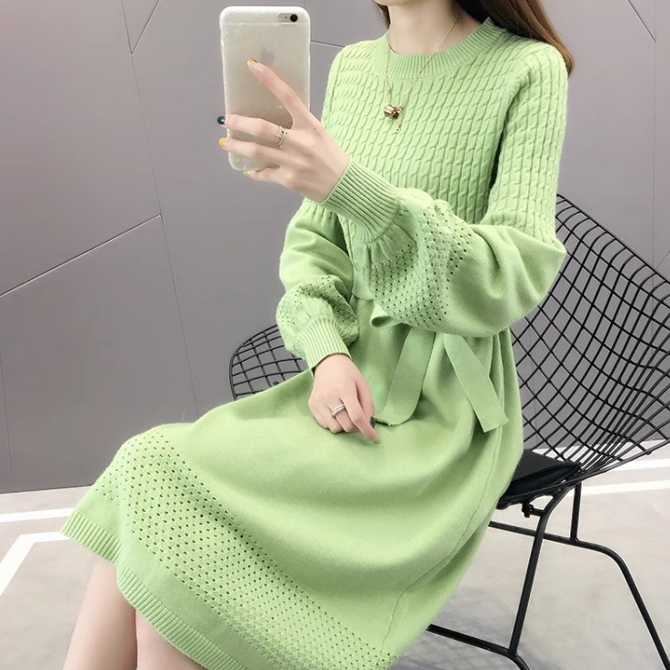 レディース スカート ワンピース ニット ニットワンピ ニットスカート 膝下 長袖 ラウンドネック 襟なし ウエストマーク ウエストリボン ふわふわ ハイウエスト 伸縮性 かわいい 大人可愛い
