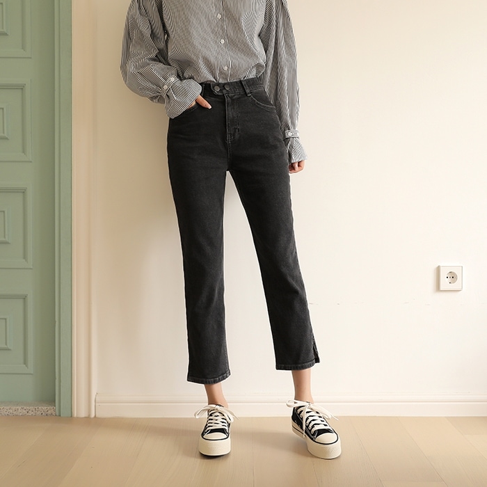 [韓国ファッション] 隠しウエストゴム ハイウエスト スリット入りストレッチストレートデニムパンツ