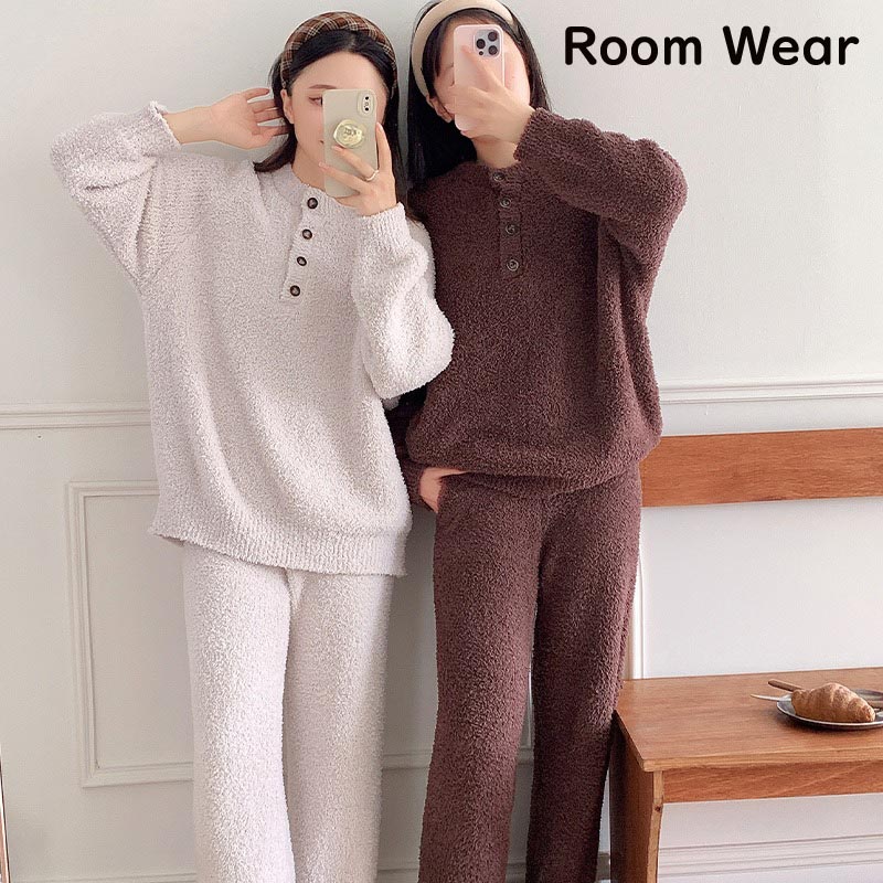 2点セット 部屋着 ルームウェア レディース 長袖 冬 可愛い ふんわり もこもこ ボア 防寒 保温 トップス ジップアップ 上下セット セットアップ パジャマ ゆったり 前開き ロングパンツ 無地