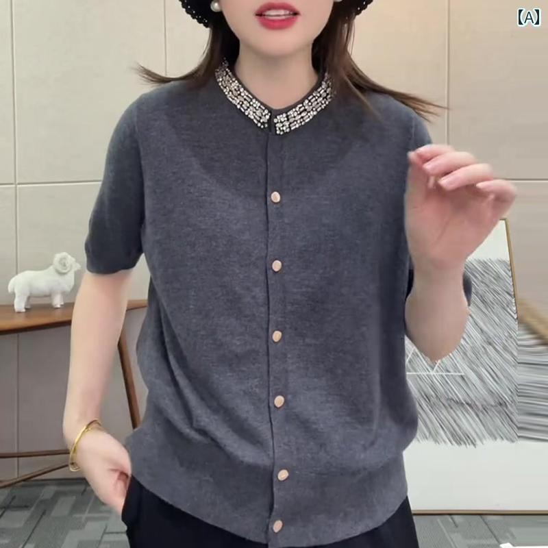 レディース　　Tシャツ　 2025 春夏 トップス 大きいサイズレディース グレー ヘビー ラインストーン ラウンドネック 半袖 ニットカーディガン