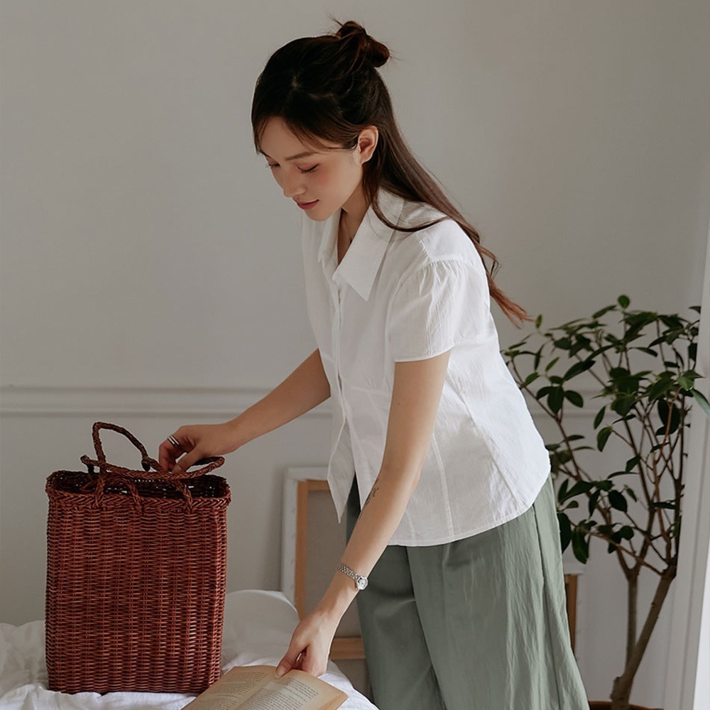 切り替え&シャーリング半袖シャツブラウス