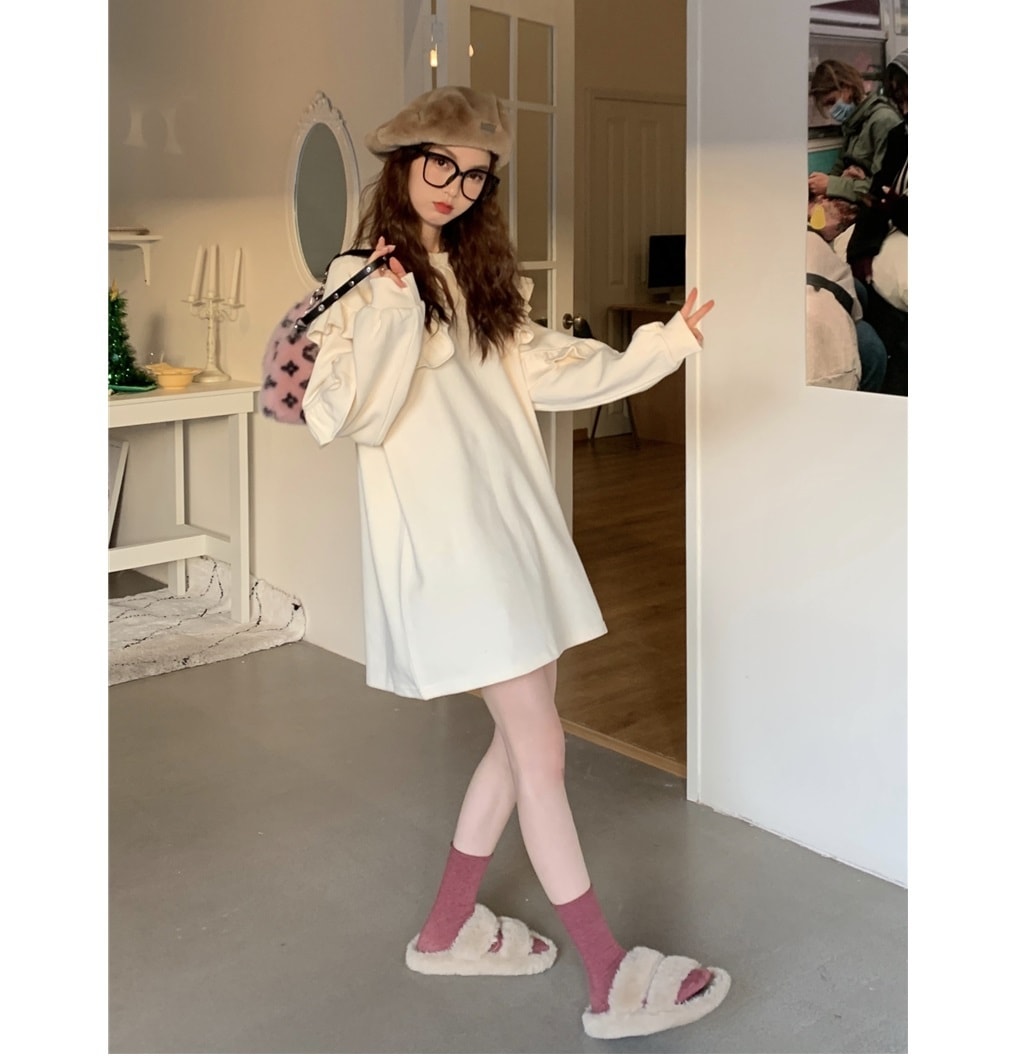 Ａライン スカート ワンピース ショート ミニ プルオーバー チュニック 膝下 ミモレ 袖あり 長袖 襟なし フレア かわいい 大人可愛い カジュアル 大人 おしゃれ ラフ ラブリー キュート