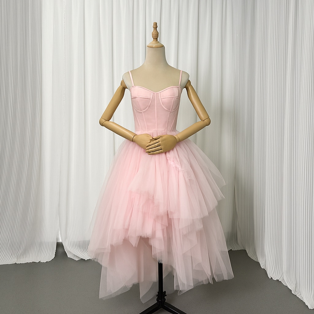 カラードレス ピンク キャミソール 編み上げ 細見えシルエット アシンメトリードレス 可愛い 花嫁 前撮り