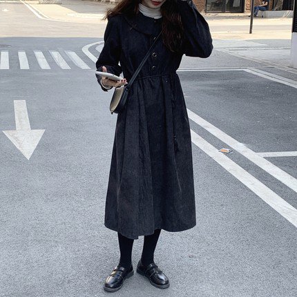 【取寄:納期2週間】ワンピース レディース 長袖ワンピース カジュアル お出掛け 膝下 レトロ ブラック 黒 Aライン ハイウエスト おしゃれ コーデュロイ 秋冬 プルオーバー ワンピース レディース 5,096円