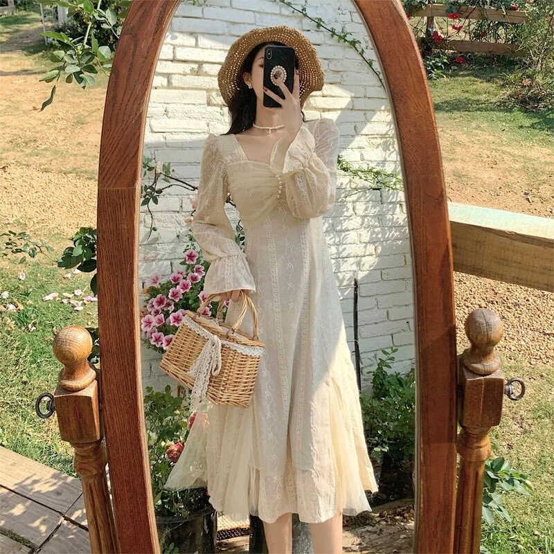 2025初春シフォンドレス初恋部優しい気質白甘くて塩辛いスカート妖精スーパーフェアリーフォレスト部