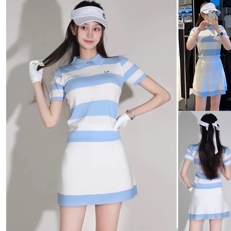 ゴルフウェア レディース スポーツウェア プリーツスカ 薄手 ニット半袖 冷感 POLOシャツ Tシャツ スカート 上下セット ブルー グリーン 女性 テニスウェア 速乾 春 夏 韓国風 おしゃれ