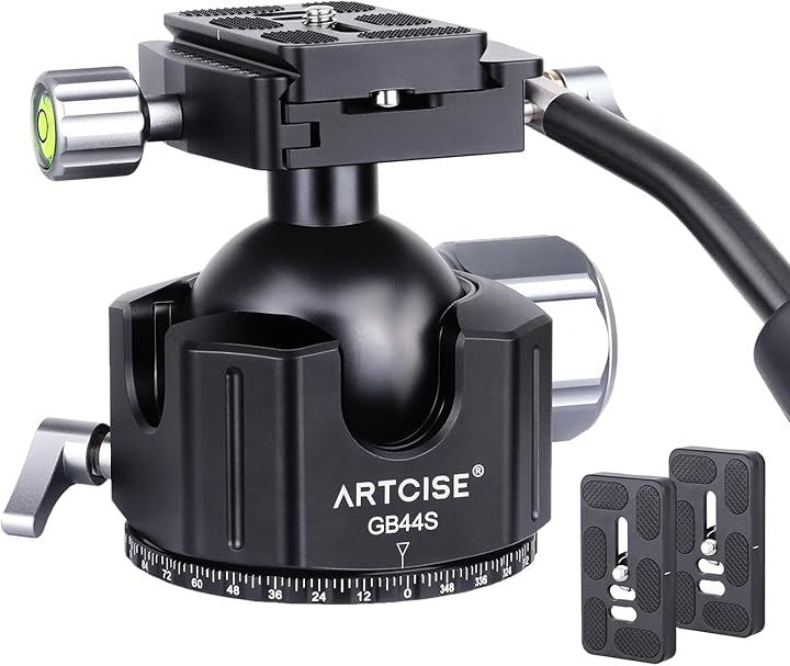 44mm 低重心 ハンドル ボール雲台 CNC精密加工 アルミ ビデオ三脚ヘッド 360度回転 パノラマ 自由雲台 二つの予備アルカスイス クイックシュー付き 一眼レフ DSLR カメラ用