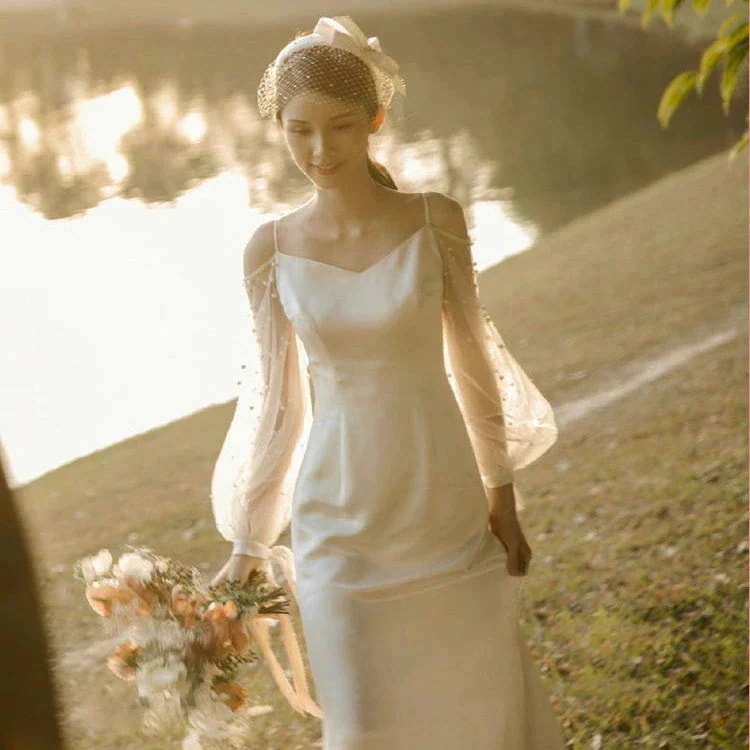 長袖 パール 超人気 無地 結婚式ドレス パフスリーブ 白 撮影 ウェディングドレス オフショルダー ホワイトドレス 二次会ドレス ドレス キャミドレス オシャレ 海外挙式 ウェディング ロングドレス