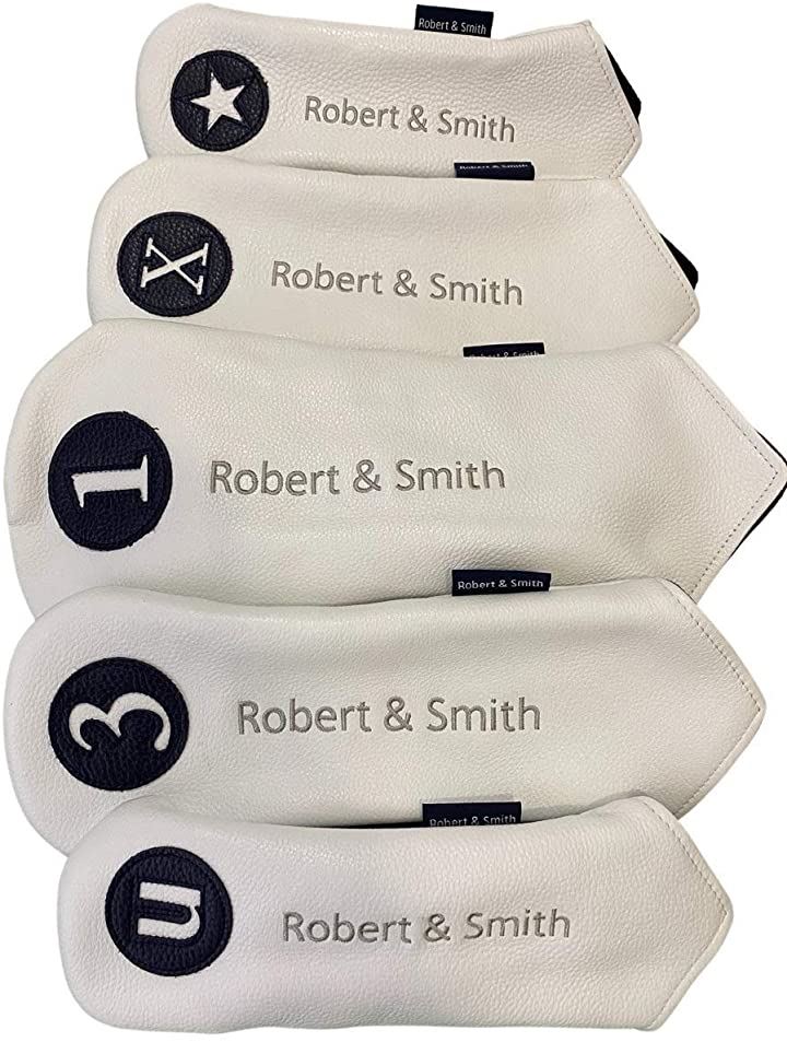 ゴルフ用品 本革 ヘッドカバー ５点セット ロゴ刺繍 フルグレインレザー ドライバーx1 ウッドx2 ユーティリティx２(ホワイト・ネイビーナンバー) 17,612円