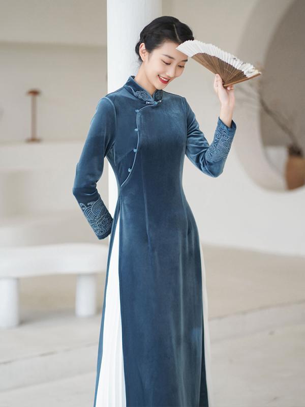 アオザイ ワンピース ロング チャイナドレス 衣装 ベルベット 雲 刺繡 長袖 ボタン 細身 シンプル レディース 青
