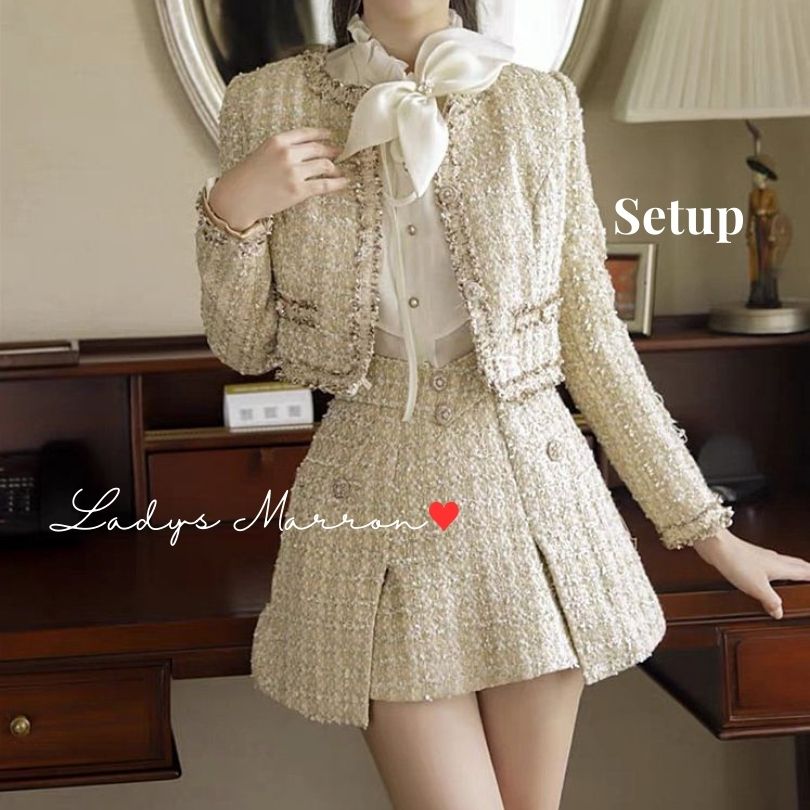 【急速出荷 2025年新作】ツイード セットアップ 韓国 卒業式セットアップ 入学式セットアップ 量産型 地雷系 同窓会セットアップ 成人式セットアップ 2点セット ツーピース 上下セット 無地 クル