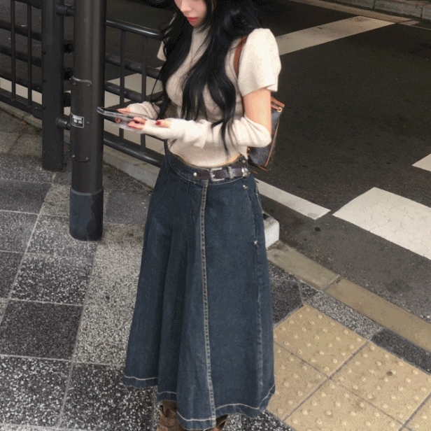 [ベルトset/フィット保障!!!] 東京 プリーツ デニム デニム ミディ スカート 6,106円