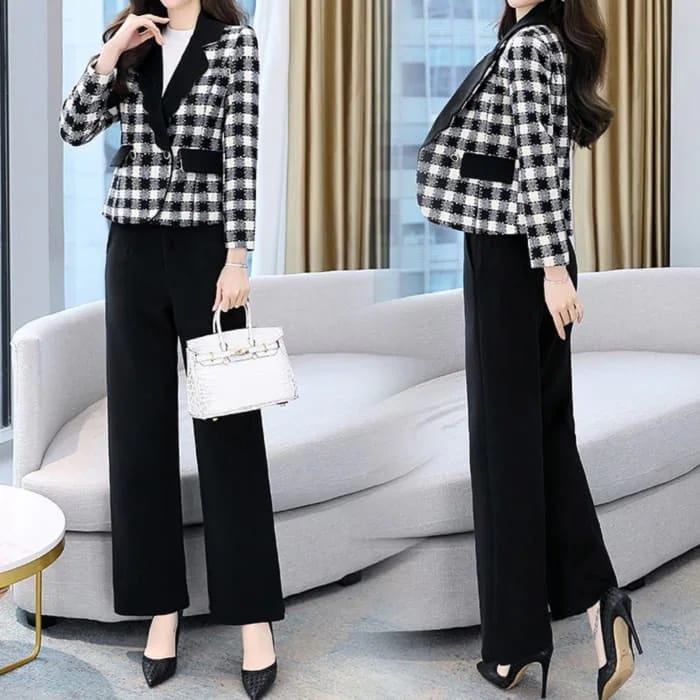 早い者勝ち！ 【高品質の製品】セットアップ レディース チェック ツイード ジャケット パンツ スーツ 2色 秋春 ビジネス 卒業式 入学式 フォーマル カジュアル 15910