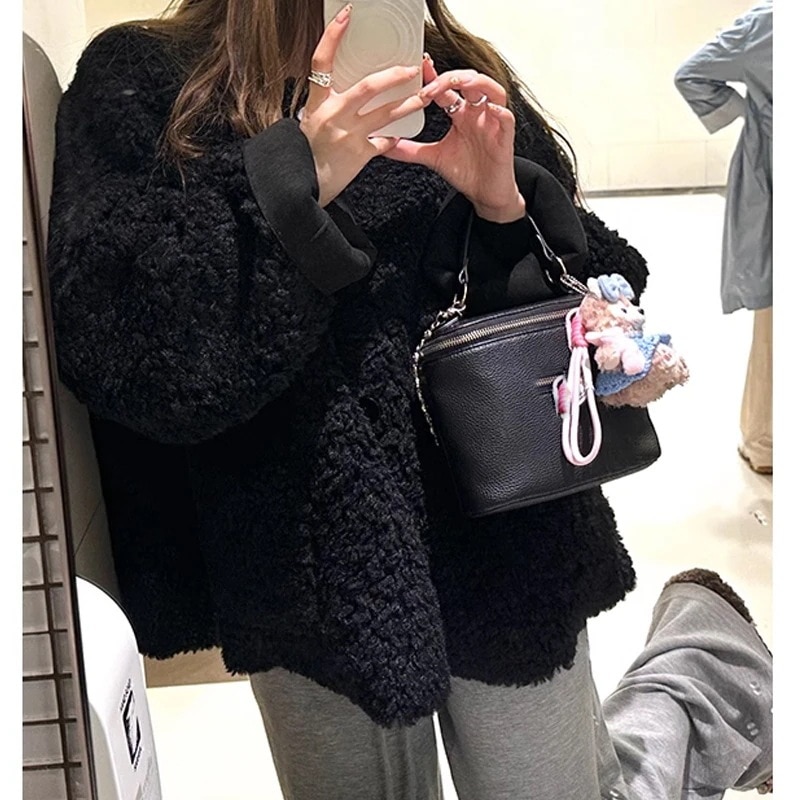 アウターファー毛皮アウター小羊が短くてゆったりした毛羽のコート女性保温カジュアル上着丸首ブーム