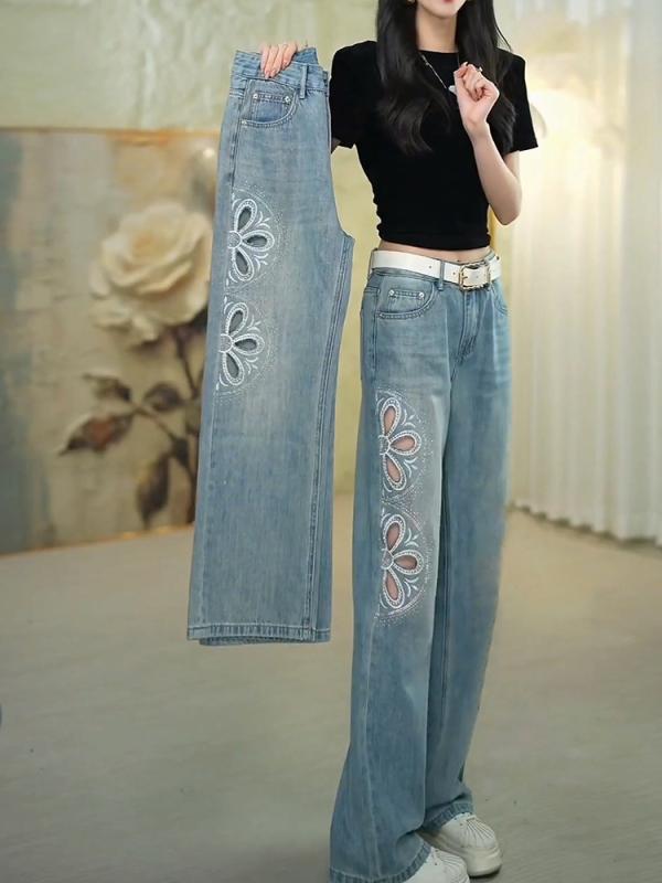 レディース ファッション カジュアル おしゃれ ジーンズ トレンド ストレート 刺繍 ワイドレッグ パンツ