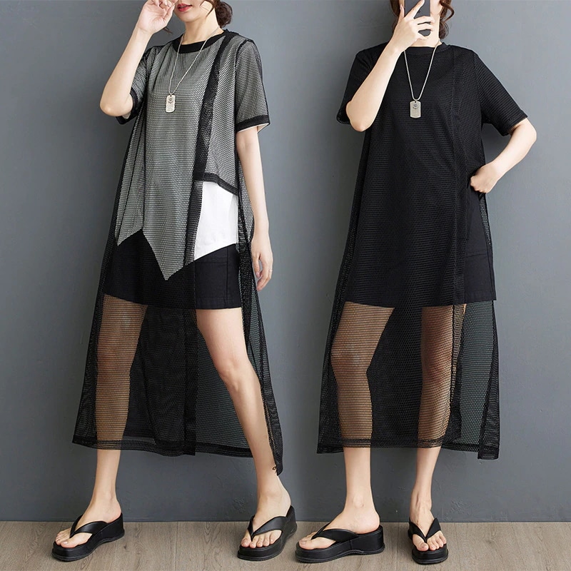 夏の新しいファッションデザイン感が不規則なネット糸のtシャツ気質の2点セットロンT