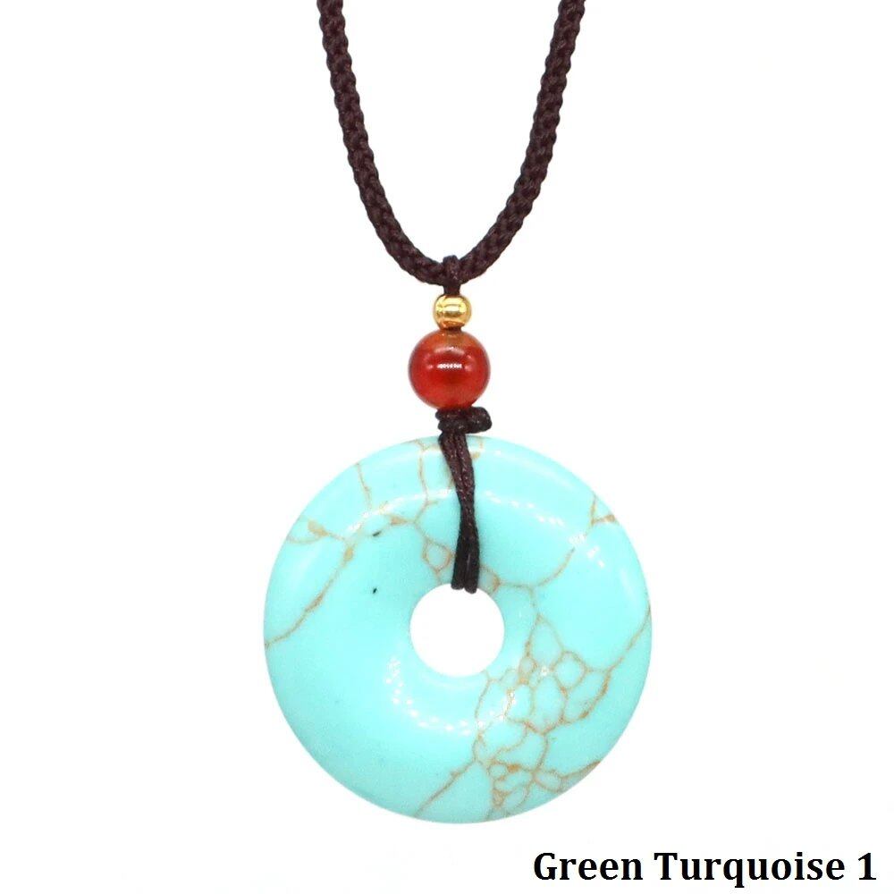 30mm 円形ドーナツ型 ヒーリングクリスタルペンダントネックレス 天然オブシディアンストーン お守りコインチャーム 幸運のドーナツ プロテクションジュエリー ギフト カラー：グリーンターコイズ_1 4,618円