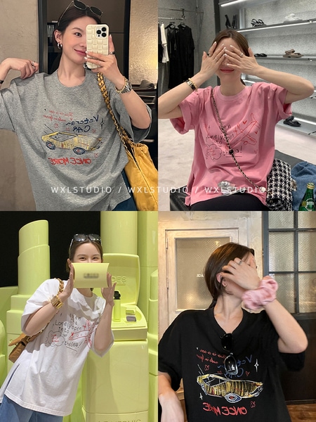 WXLSTUDIO 高快適BIストア落書きプリントリネンコットン半袖Tシャツレディースルーズラウンドネックトップ