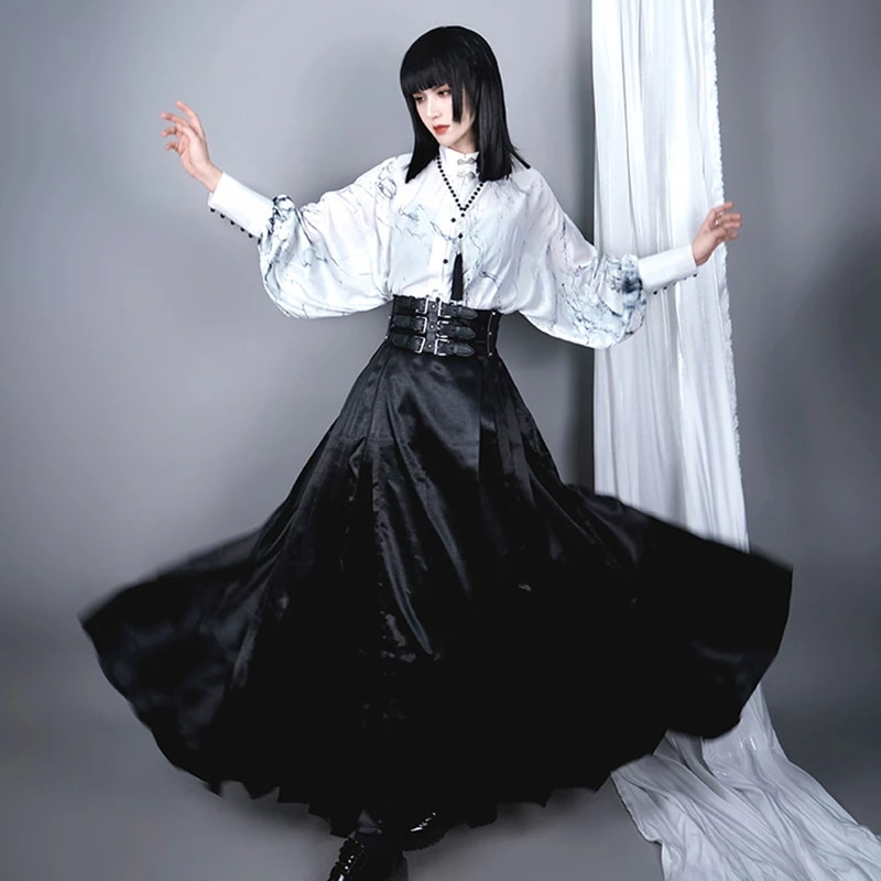 ラップスカート ロング 改良漢服 チャイナ風スカート 黒 巻きスカート 無地 サテン 四季適用