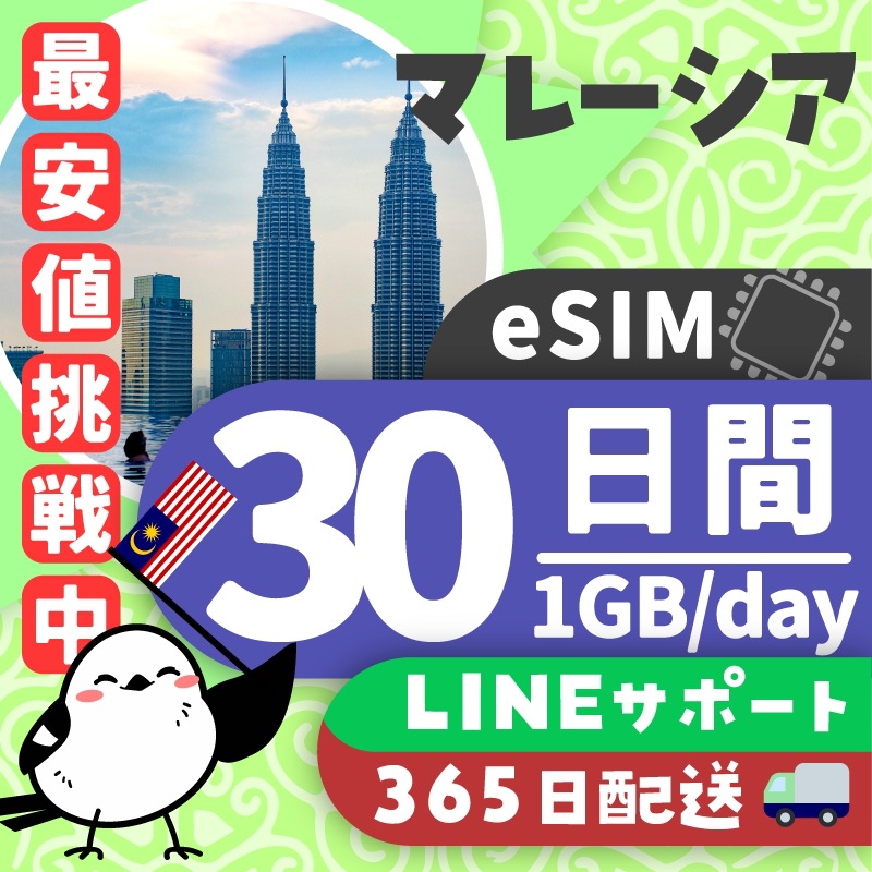 【マレーシアeSIM】簡単設定／使用日数：３０日間／データ容量：１GB（day）／有効期限90日／最短即日発行／パスポート番号不要／データ通信専用