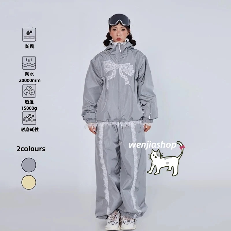 スノーボードウェア 2025 上下セット メンズ レディース リボン レース ゆったり アウター パンツ 3Lセットアップ ウィンタースポーツ韓国風防水 スノー スキーウェア スノボウェア