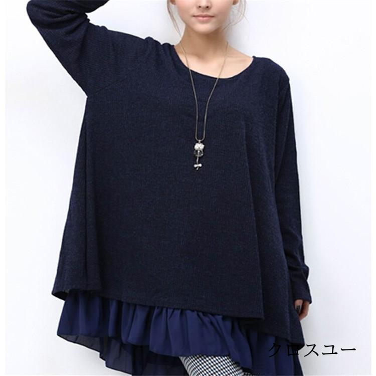 ニットワンピース レデイース 秋 冬 ニット チュニック 膝丈 長袖 レース 重ね風 Aライン 体型カバー 着痩せ 大きいサイズ 無地 yf7138