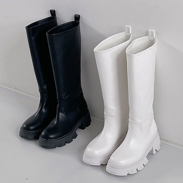 ロングブーツ オブリークトゥ トラックソール 厚底 フラット 黒 白 ブラック ホワイト