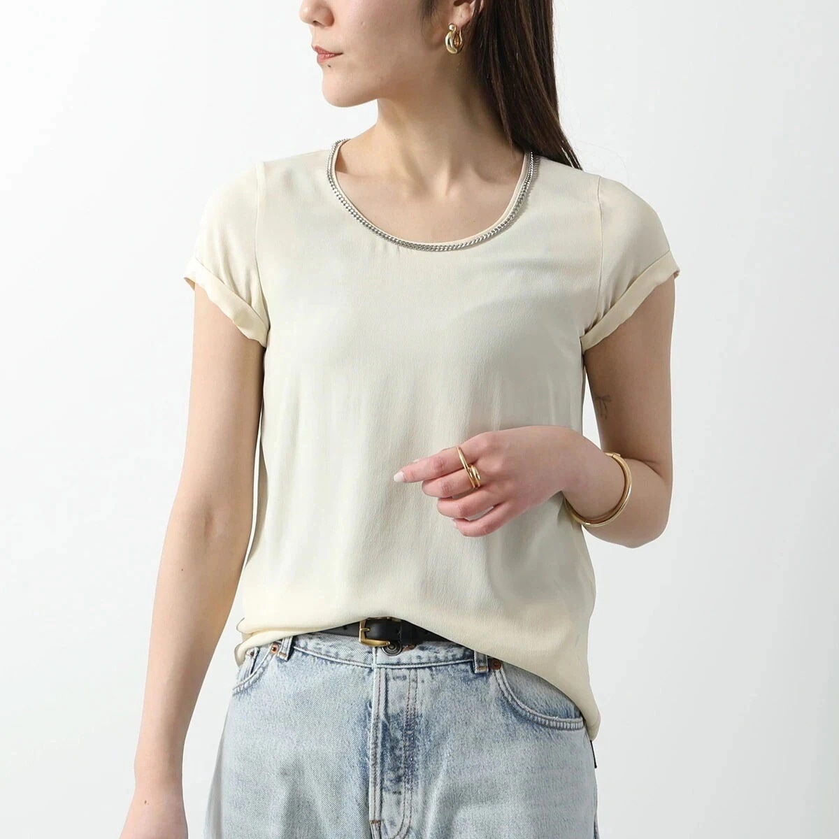 N21 ヌメロヴェントゥーノ ブラウス G141 5111 レディース 半袖 クルーネック チェーン シフォン シャツ カットソー Tシャツ シルクブレンド 1