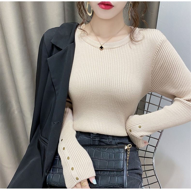トップス ニットソー セーター 袖あり 長袖 ラウンドネック タイト 細身 前開き 大人可愛い きれいめ シンプル カジュアル 大人 こなれ感 ラフ ボーイッシュ 個性的 セクシー エレガント