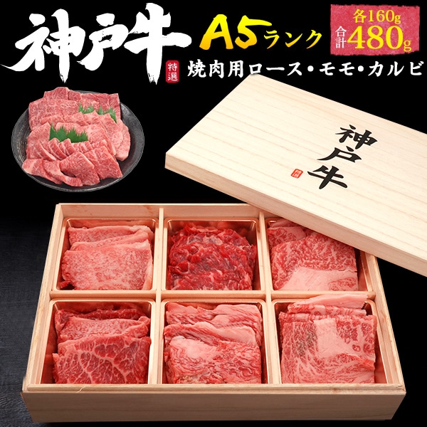 人気の部位を詰め合わせ！2-3人前A5ランク 神戸牛 焼肉用 ロースモモ バラ 計480g 7,400円
