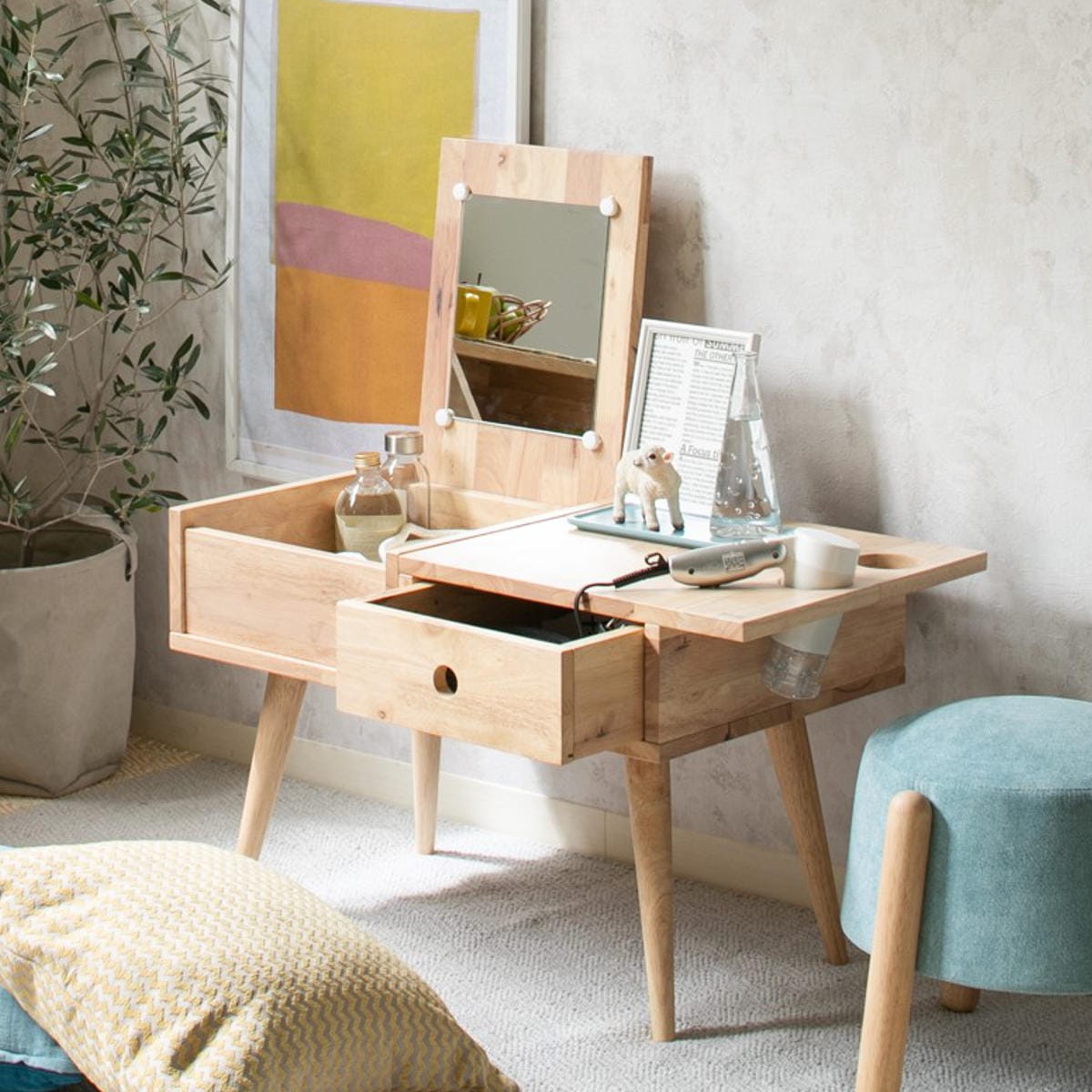 ドレッサー テーブル 幅75cm ドライヤーホルダー付 NATURAL SIGNATURE センターテーブル ローテーブル 鏡台 化粧台 木製 天然木 引き出し 鏡 ミラー コスメ メイク台