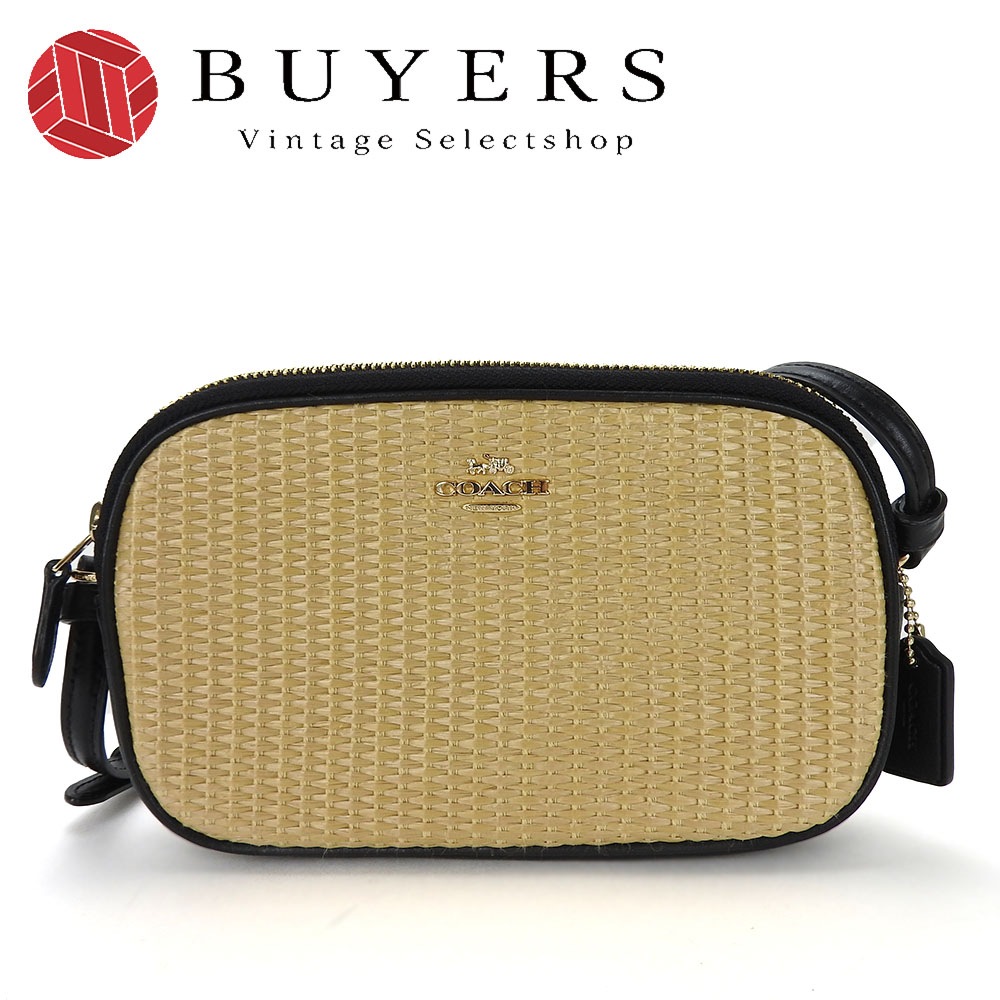中古 コーチ ショルダーバッグ 斜め掛け F73070 ストロー レザー 革 ベージュ ブラック 黒 カジュアル 普段使い シンプル レディース 女性 COACH shoulder bag bei