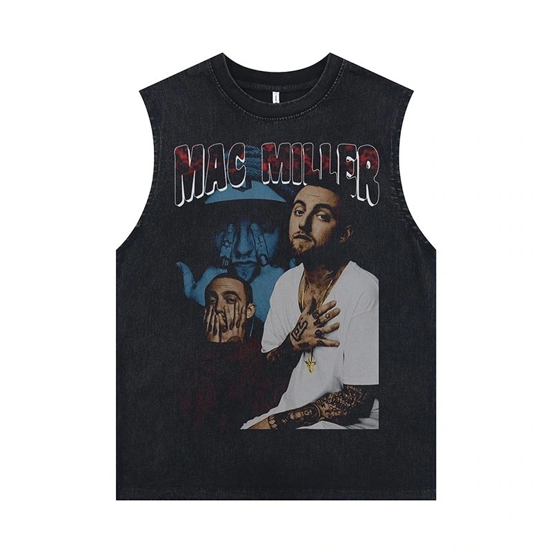 アメリカのヒップホップ プリント ウォッシュ ノースリーブ ヴィンテージ Tシャツ ヒップホップ ストリート ブランド ピュア コットン スポーツ ベスト