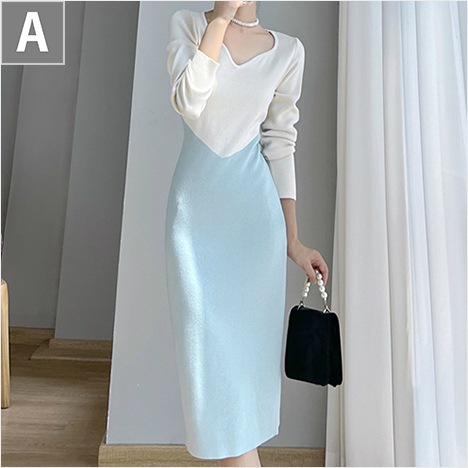 ワンピース 秋 30代 ホワイト 長袖 Vネック 厚手 上品 タイトワンピース 美人 大人かわいい レディース 大きいサイズ ベージュ 40代 ブラック ニットワンピース 50代 冬 ツートン 膝丈