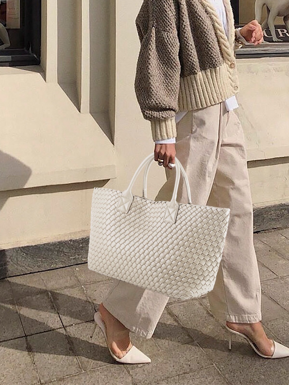 トートバッグ レディース PUレザー ハンドメイドバッグ 編み込みトートバッグ メッシュトートバッグ イントレチャート 編みバッグ 編みこみ メッシュ編み メッシュトート 手編み プレゼント