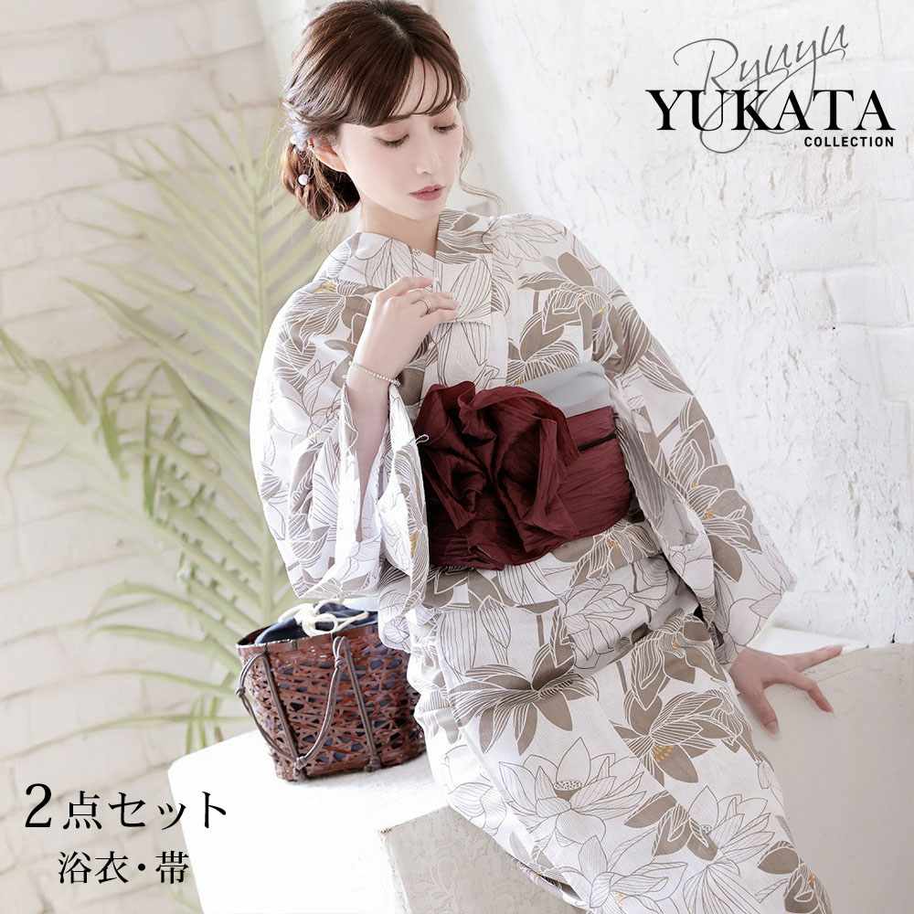 浴衣 白 フラワー 高級 大人浴衣 綿麻 2点セット 色気 ベージュ 上品 夏浴衣 Ryuyu