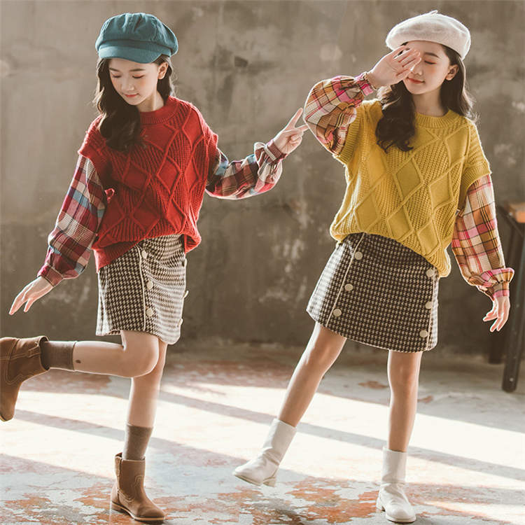 セーター ゆったり 二点セット スカート キッズ 子供服 上下セット ショートスカート ドレス 結婚式 春 秋 冬 重ね着風 トップス 暖かい 防寒 韓国風 おしゃれ 女の子 長袖 通園 チェック ガ