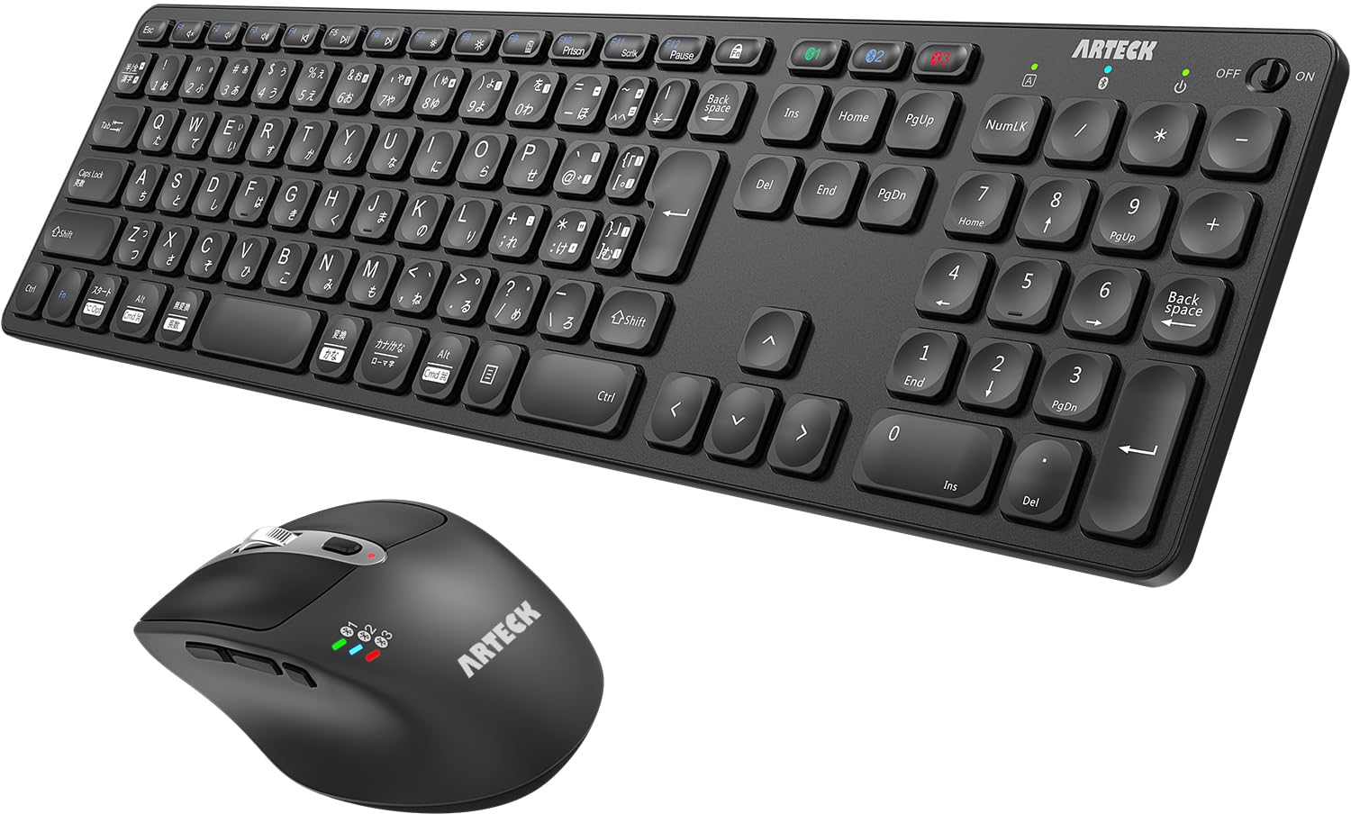 Arteck Bluetooth キーボード マウス セット マルチペアリング 3つデバイスに同時接続できType-C 充電式 フルサイズ Bluetoothキーボード 人間工学に基づいたマウス Wi