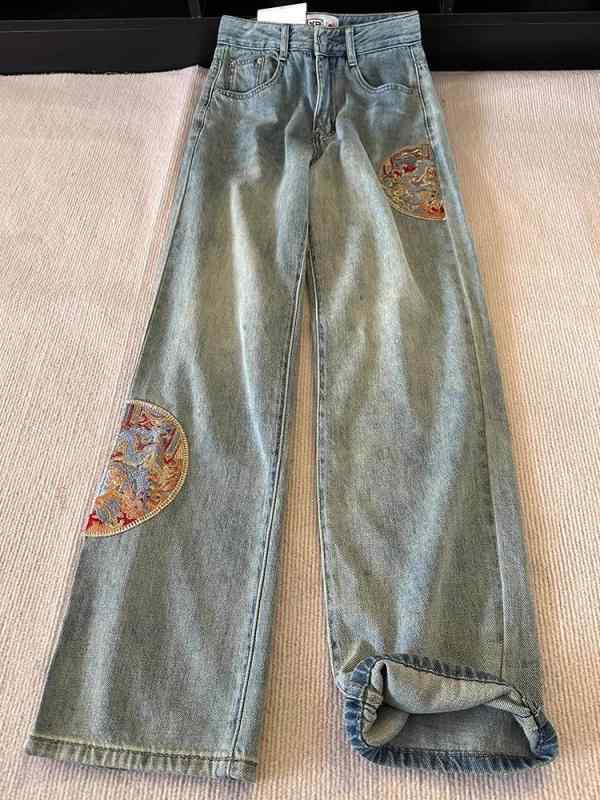 レディース ファッション カジュアル おしゃれ チャイナ風 刺繍 ジーンズ ワイドレッグ 春 ハイウエスト スリム ストレート パンツ