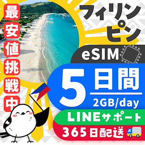 【フィリピンeSIM】簡単設定／使用日数：５日間／データ容量：２GB（day）／有効期限90日／最短即日発行／パスポート番号不要／データ通信専用