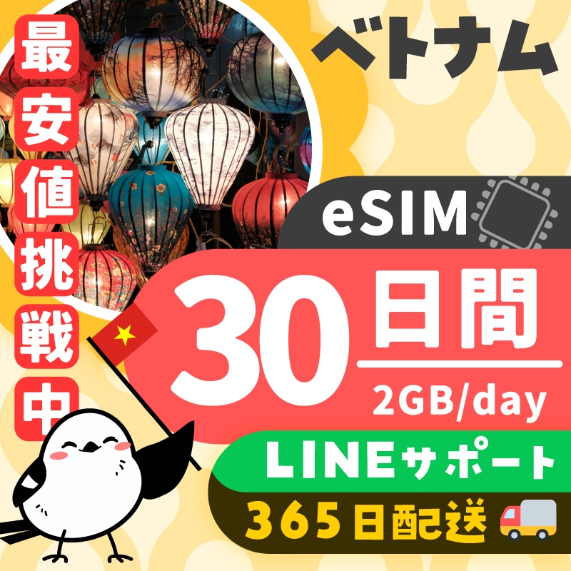 【ベトナムeSIM】簡単設定／使用日数：３０日間／データ容量：２GB（day）／有効期限90日／最短即日発行／パスポート番号不要／データ通信専用