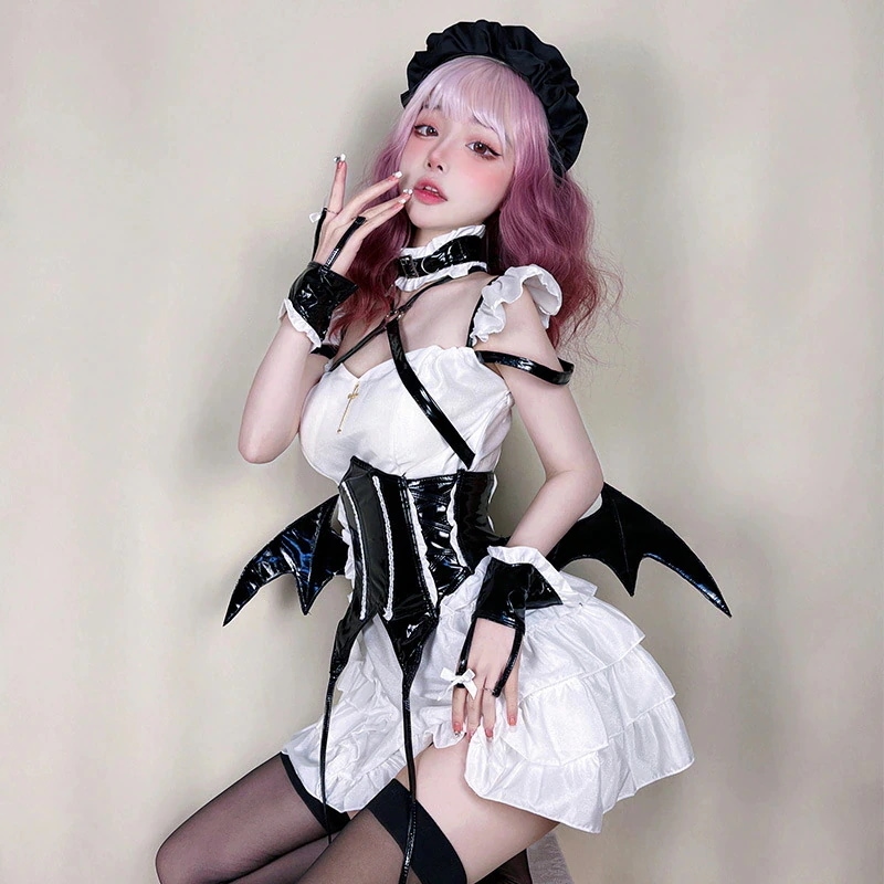 ハロウィンコスチュームダークゴシックブラックメイド服セクシー小悪魔制服誘惑コスプレバット衣装