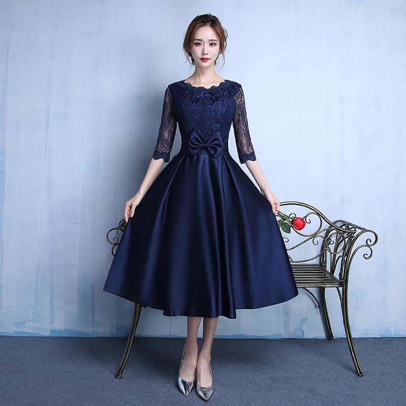 1452.レース袖ミモレ丈ドレス（ネイビーブルー） パーティードレス 結婚式 ドレス 袖あり ウェディングドレス ミモレ丈 レース 二次会 花嫁 パーティドレス お呼ばれドレス 2019 春夏 sal 100,000円