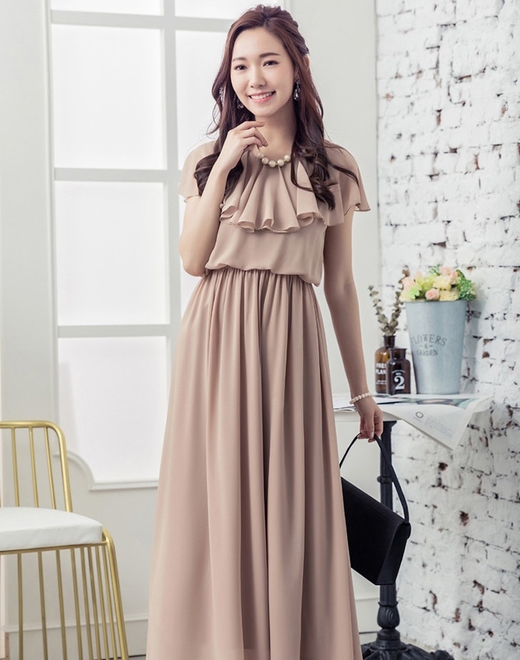 1729. フリル袖マキシ丈ドレス（カーキ）2019 春夏 sale 2次会 オフィス お宮参り 結婚式 謝恩会 食事会 女子会 成人式 卒園式 デート 同窓会 二次会 入園式 入学式 発表会 披露宴