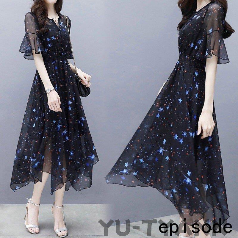 ワンピース レディース 40代 春夏 マキシ丈ワンピース きれいめ 大きいサイズ シフォン 星柄 半袖 マキシ丈ワンピ ロング 結婚式 ドレス オシャレ 上品 2WAY
