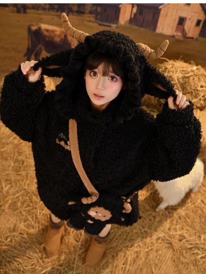 和風かわいい立体リトルシープブラックソフトワックスベルベットセーター秋冬暖かいフード付き厚手コート