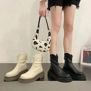靴 レディース ショットブーツ 厚底靴 ローヒール 厚底 ミドルブーツ 韓国ファッション ラウンドトゥ 韓国ファッション